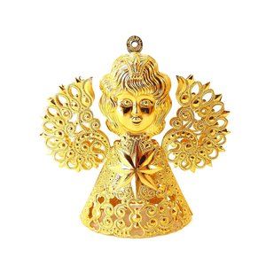 Vintage Germany 3D Angel Ornament Gold Pressed Tin Filigree 3"